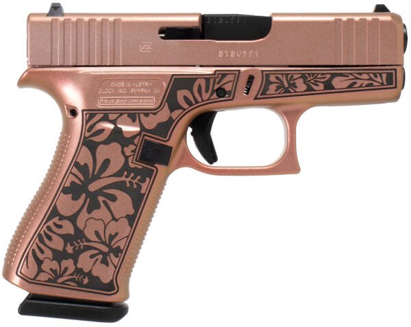 Glock UI4350204NHIBCHIM G43 Gen3 Slim Sub-Compact Frame 9mm Luger 6+1 3.41" Black Steel Barrel, Chimera Cerakote Serrated Steel Slide, Chimera w/Hibiscus Cerakote Polymer Frame, USA Made