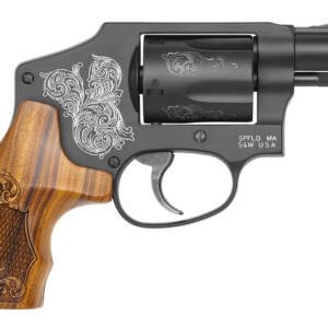 Smith & Wesson 150785 Model 442  38 S&W Spl +P 5 Shot 1.88" Engraved Black Carbon Steel Barrel/Cylinder, Engraved Black Aluminum J-Frame, Engraved Wood Grip, Mahogany Presentation Case